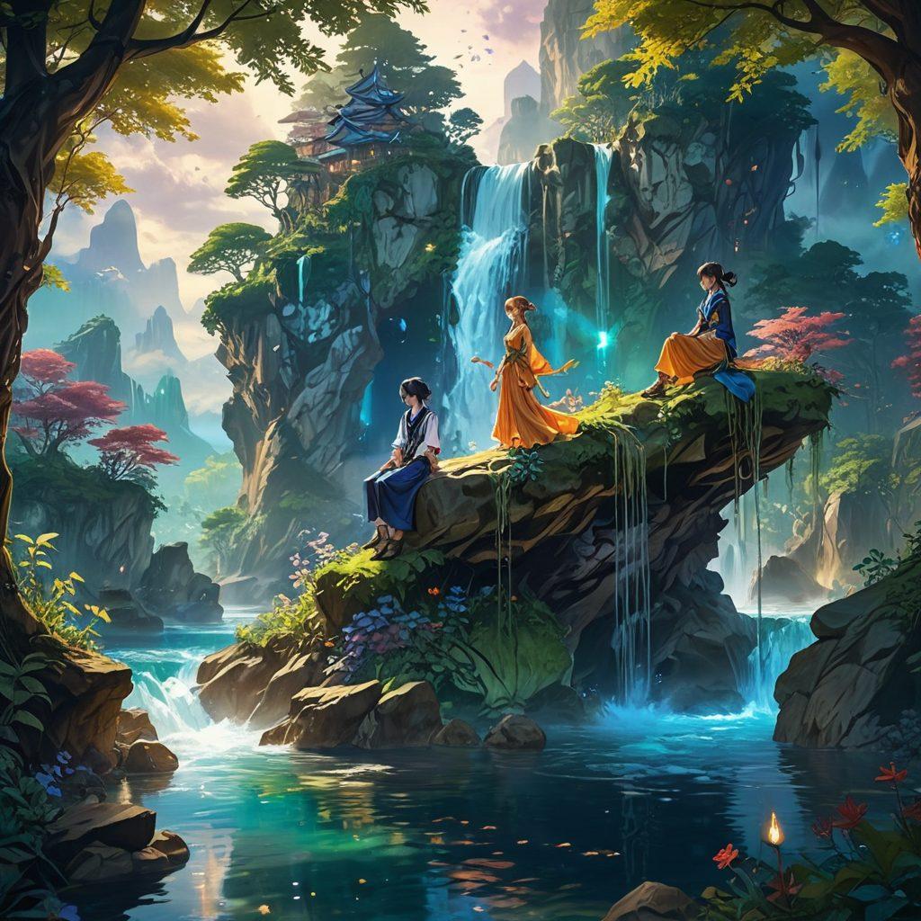An enchanting scene depicting a vibrant fantasy world filled with diverse characters from adult anime, showcasing intricate details in their expressions and attire. The background features a whimsical landscape with a mix of surreal elements, blending fantasy and reality. Include rich colors and dynamic poses to highlight the allure of the characters. Add ethereal lighting to enhance the atmosphere. vivid illustration style. vibrant colors. dynamic composition.