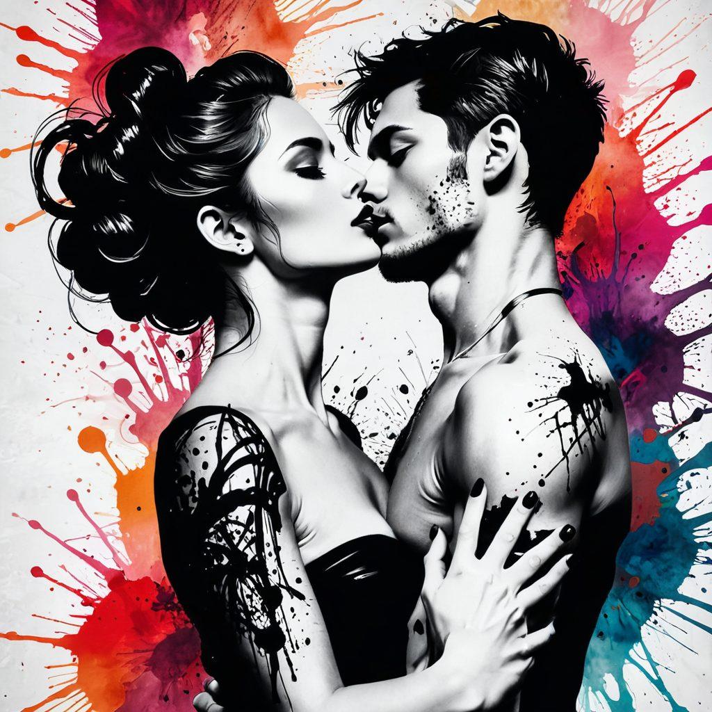 A vivid illustration capturing a fusion of ink and sensuality, featuring dynamic brush strokes that intertwine with abstract forms of human figures in passionate poses. Elegantly placed ink splatters enhance the intimate atmosphere, surrounded by ornate designs reminiscent of erotic art history. Subtle hints of vibrant colors evoke a sense of ecstasy and allure. Detailed textures highlight the raw emotion behind the art, while a soft gradient background allows the figures to stand out. super-realistic. vibrant colors. artistic flair.